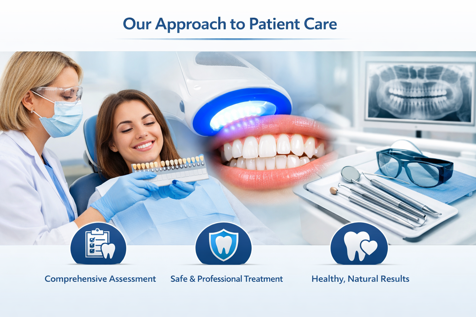 A Teeth Whitening treatment session in progress, with the client seated comfortably and the practitioner applying the whitening treatment